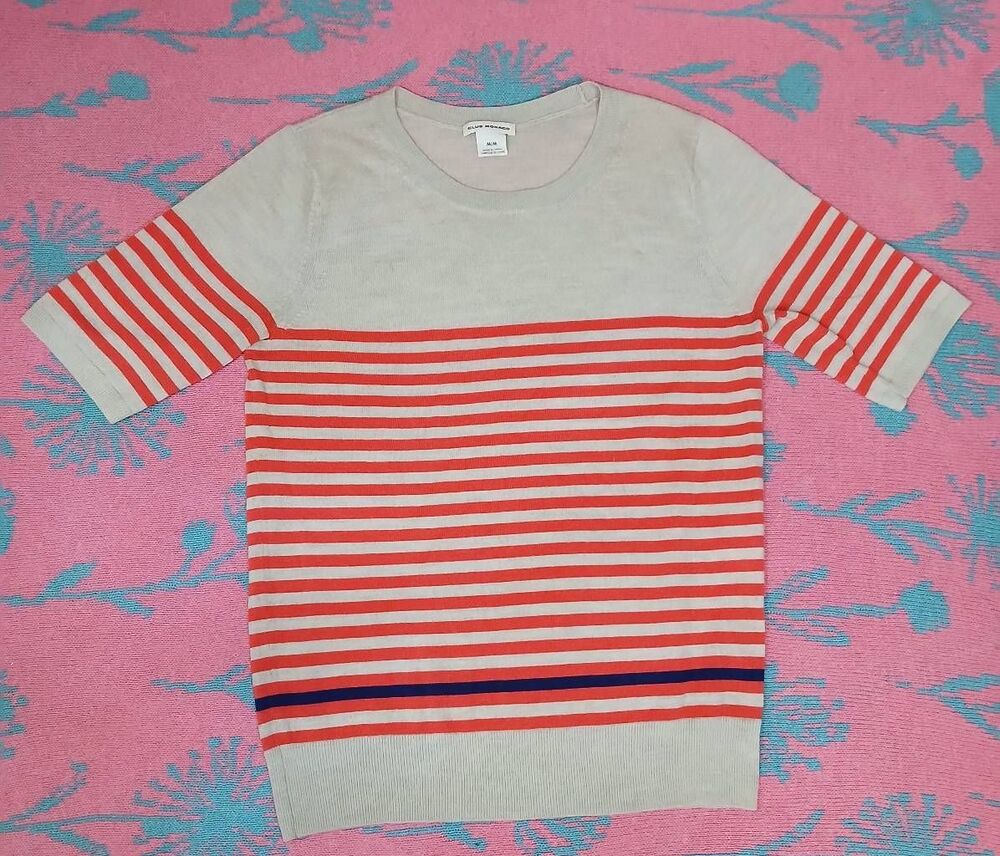 Club Monaco womens medium merino wool sweater red tan stripe lightweight